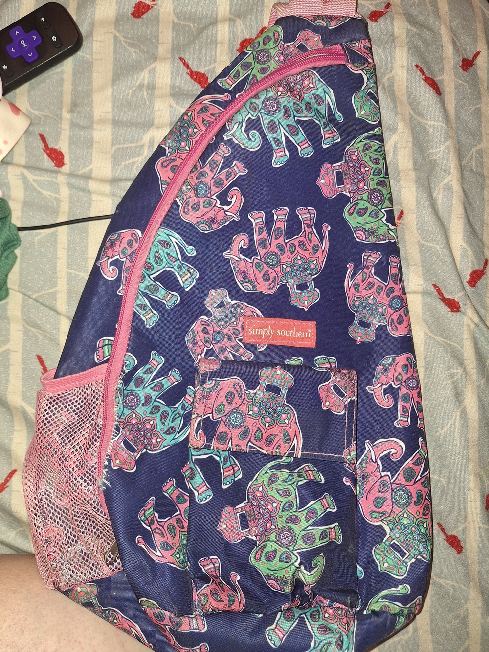 Simply Southern Navy Sling Bag with Pink & Teal Elephant Pattern